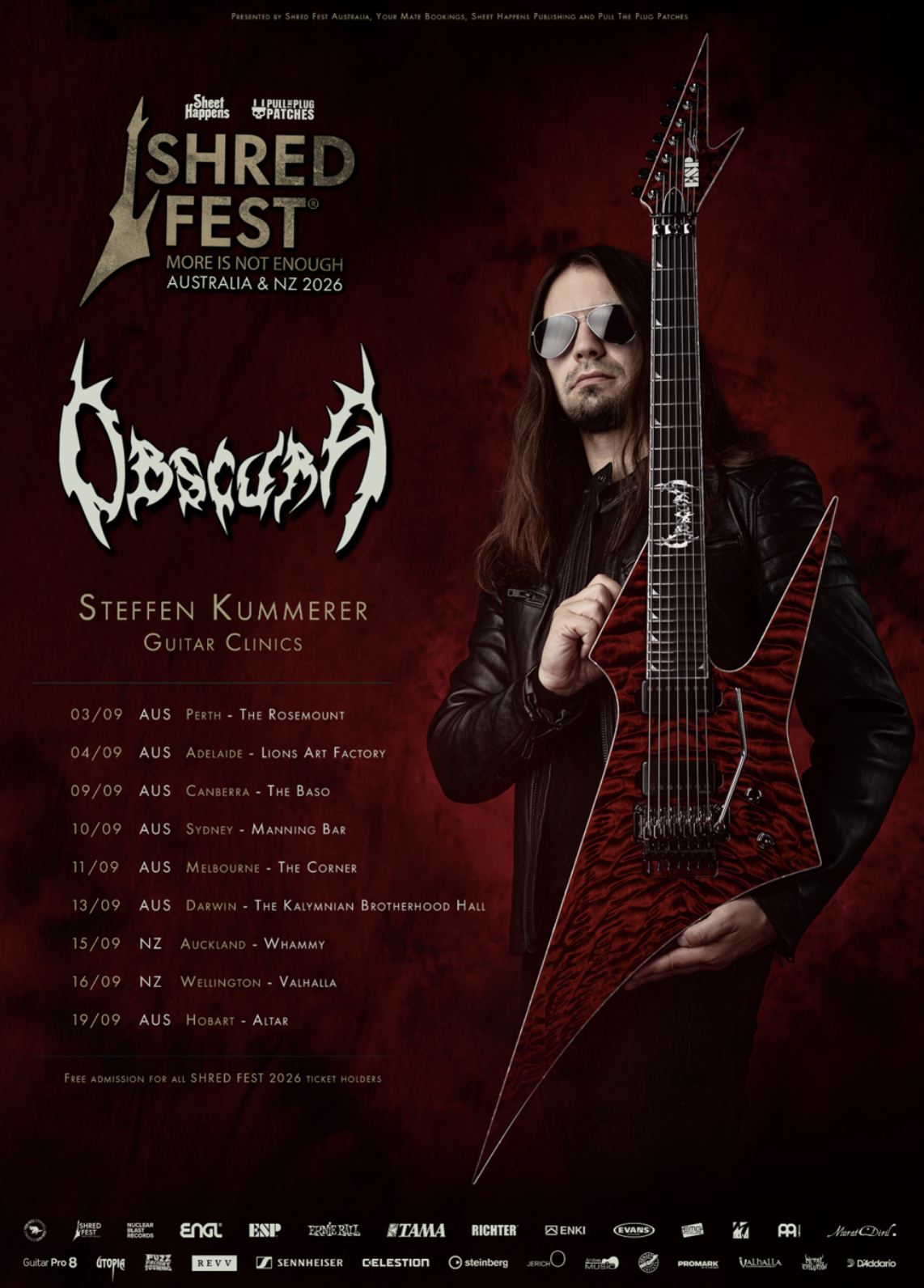 Tour poster for Obscura's Steffen Kummerer Guitar Clinics presented by Shred Fest 2026, listing September Australia and New Zealand dates.